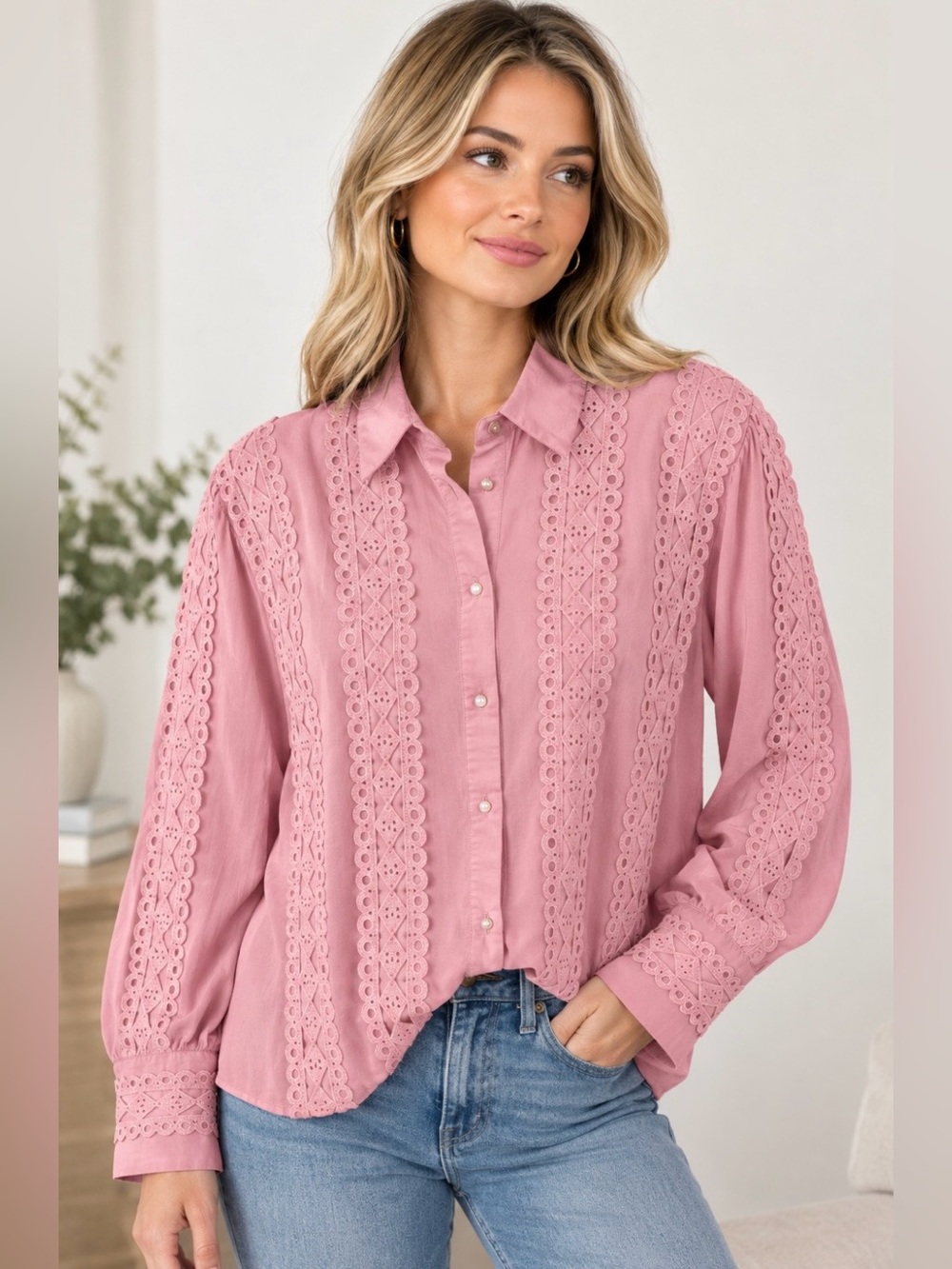 Camila Blanco Lace-Trim Button-Up Blouse - Pink size 6/oversized